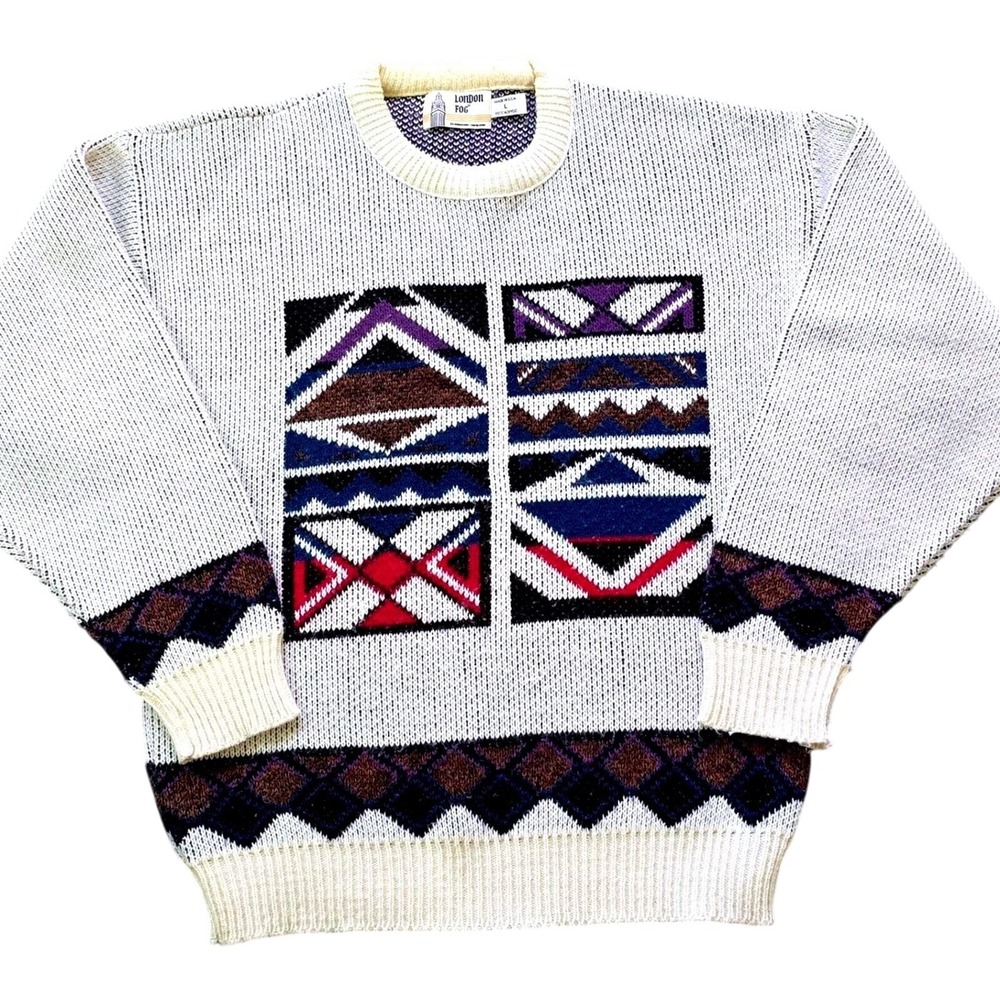 London Fog Men's Size L Geometric Sweater Made in USA 80s Knit Vintage